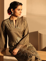 Libas Brown Floral Embroidered Silk Blend Co-Ord Set