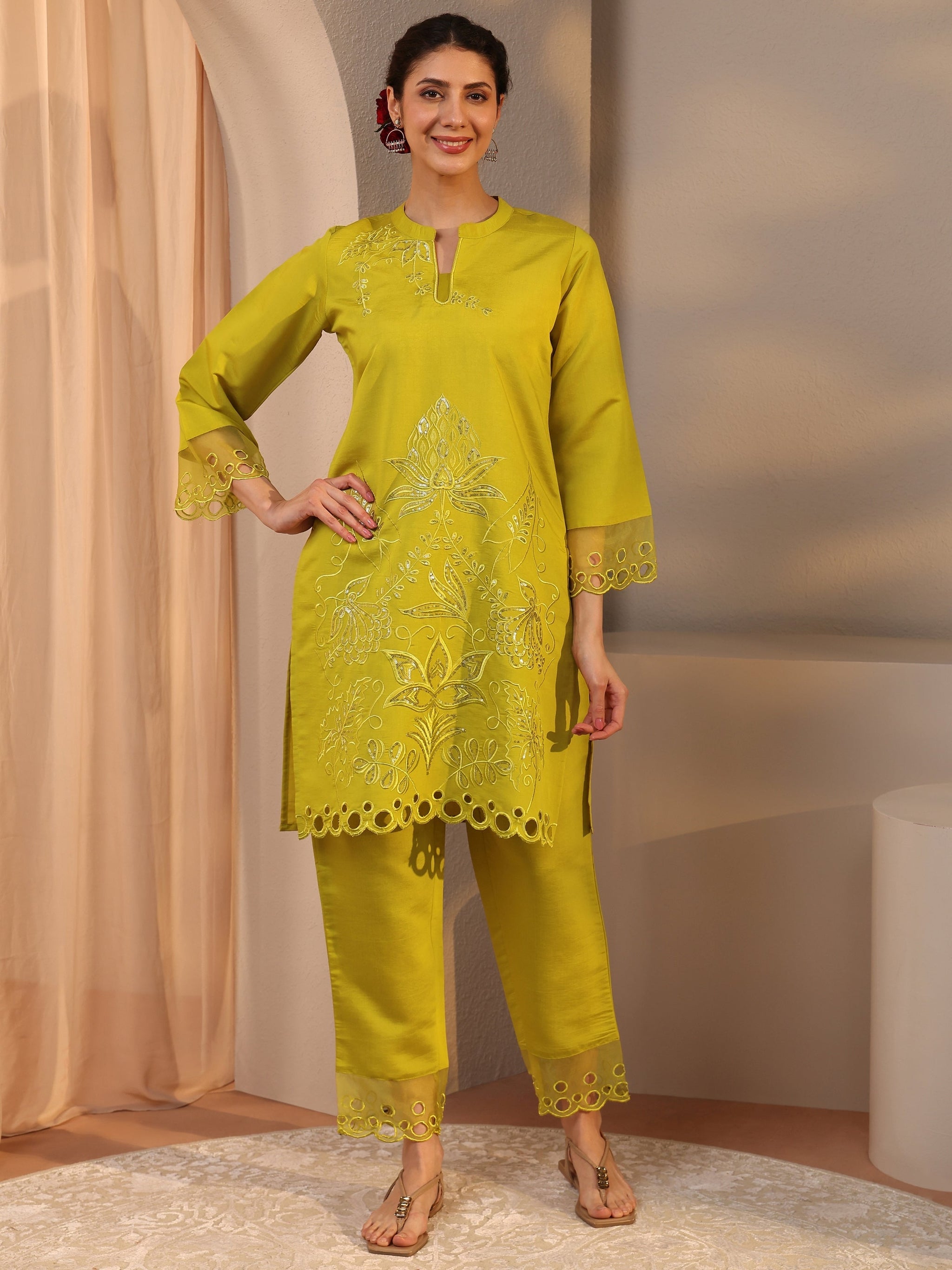 Libas Green Floral Embroidered Silk Blend Co-Ord Set