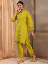 Libas Green Floral Embroidered Silk Blend Co-Ord Set