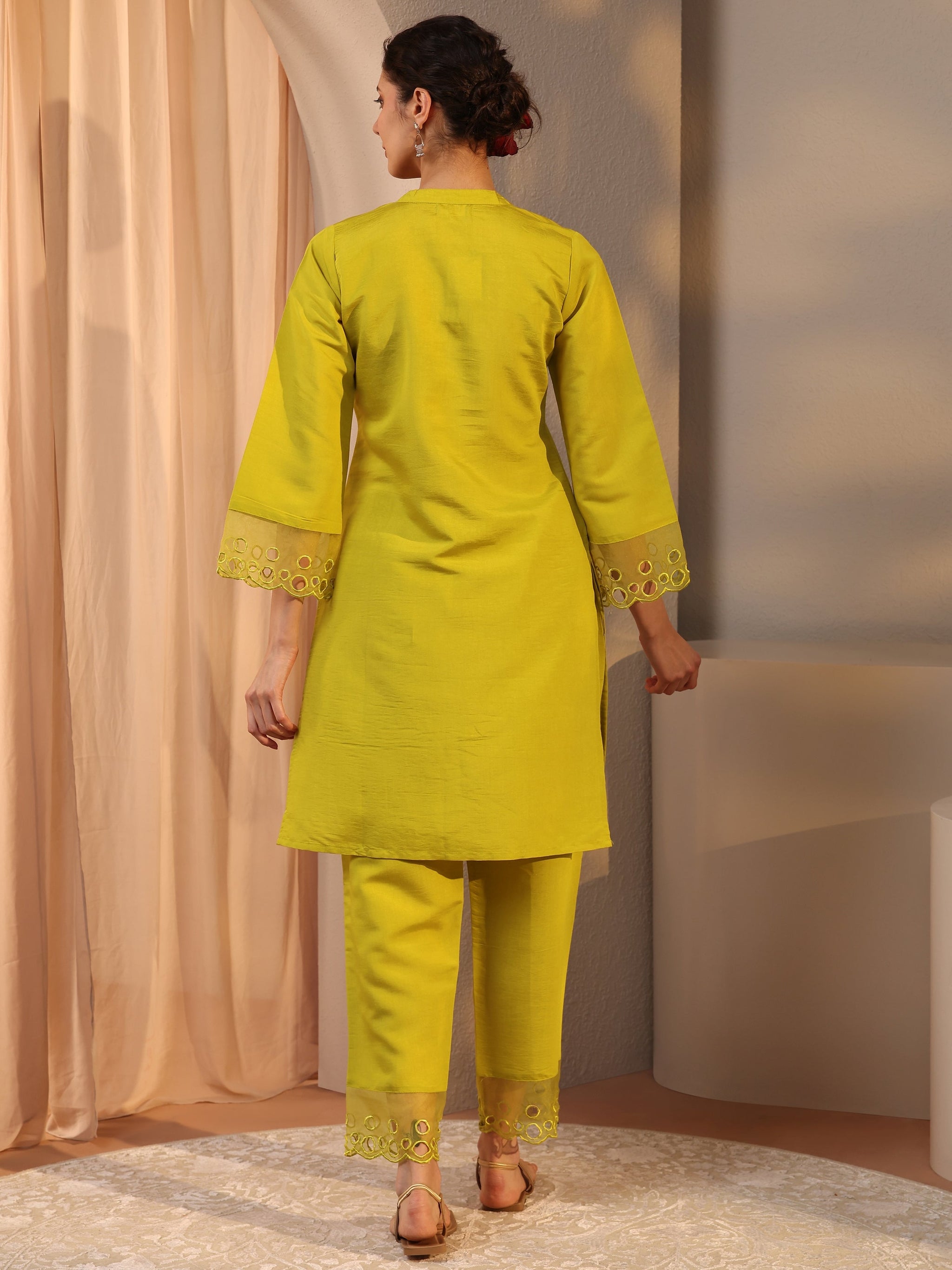 Libas Green Floral Embroidered Silk Blend Co-Ord Set