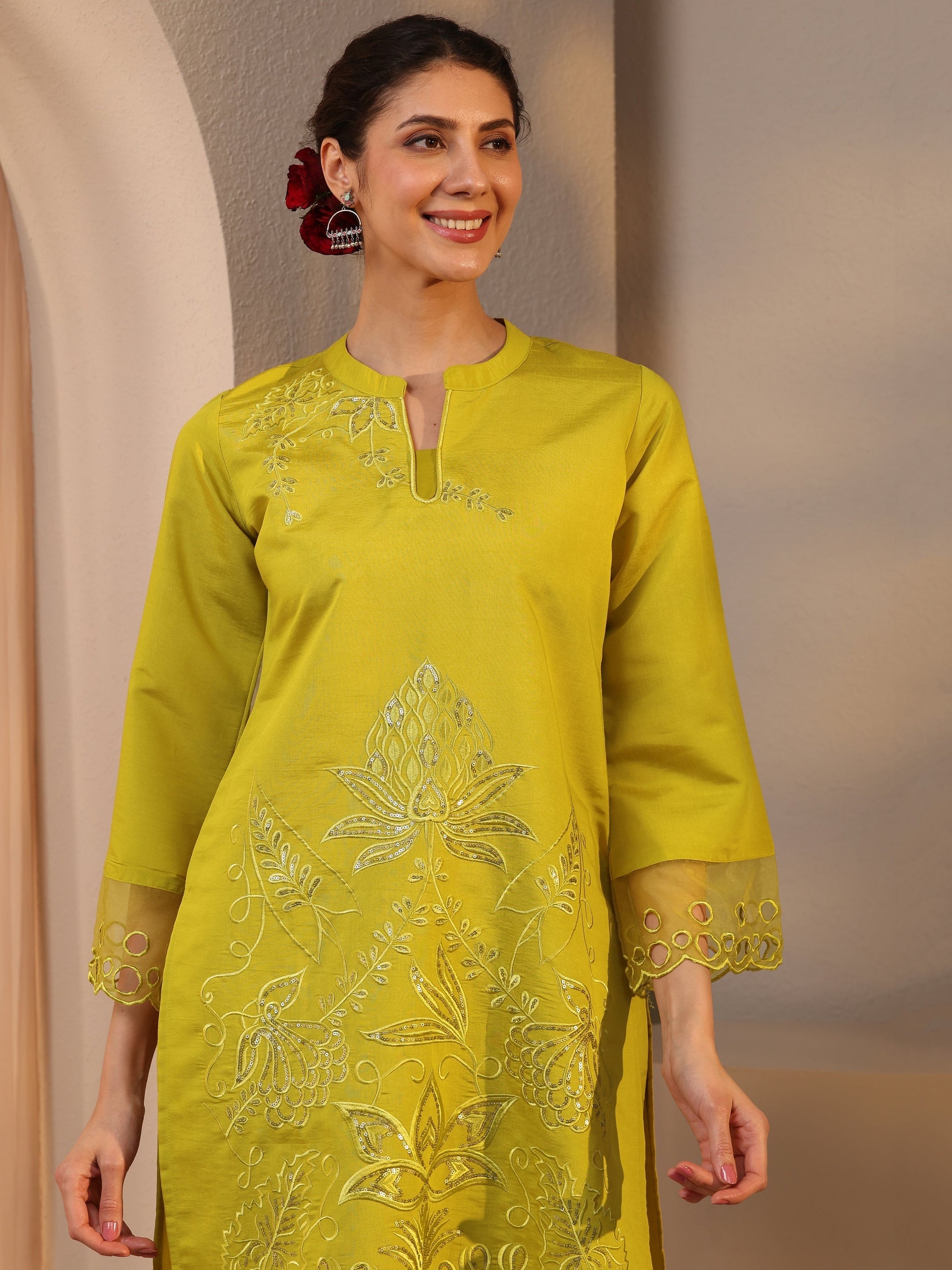 Libas Green Floral Embroidered Silk Blend Co-Ord Set