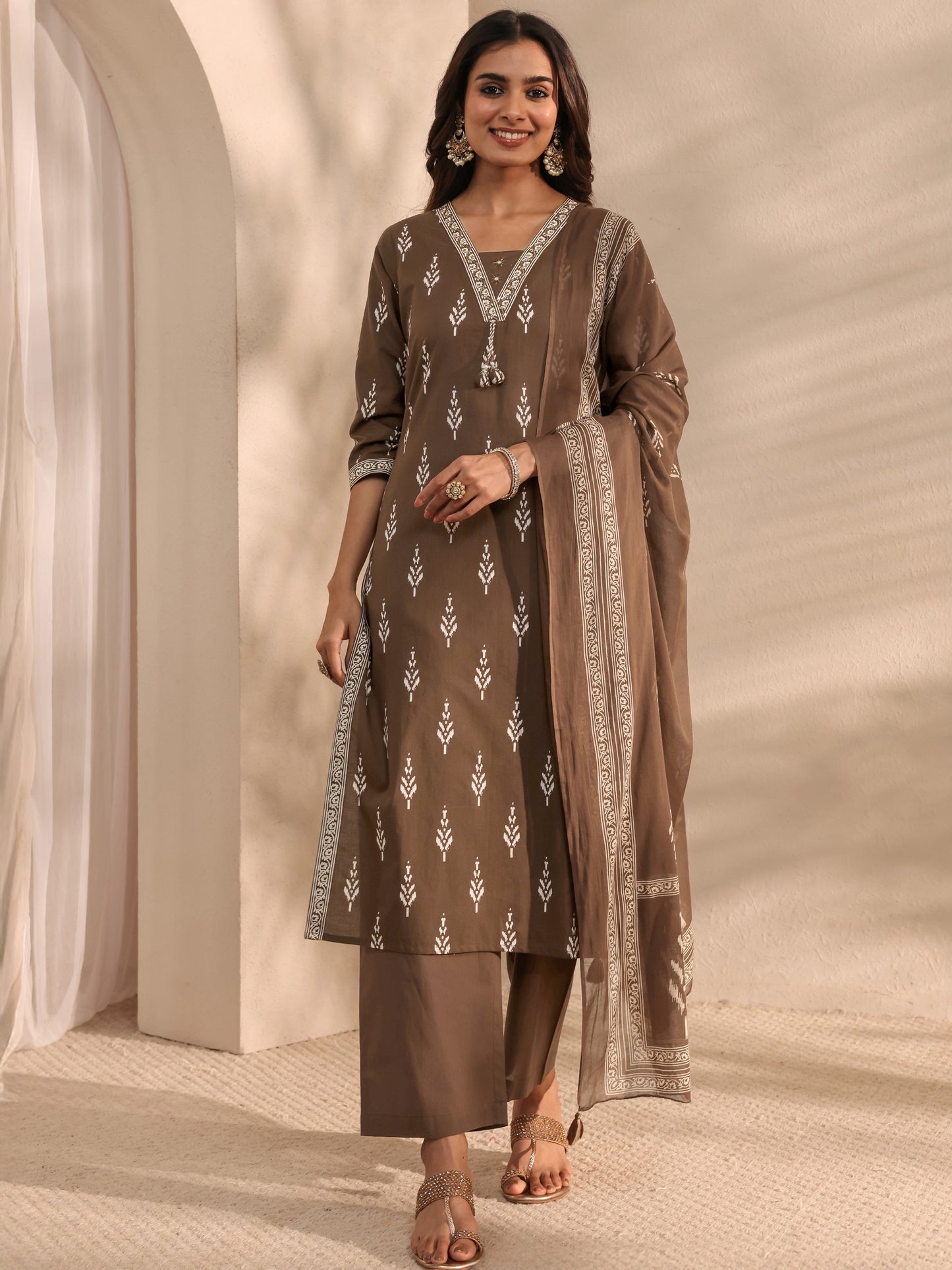 Libas Brown Printed Cotton Suit Set With Dupatta