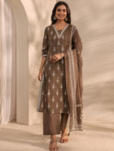 Libas Brown Printed Cotton Suit Set With Dupatta