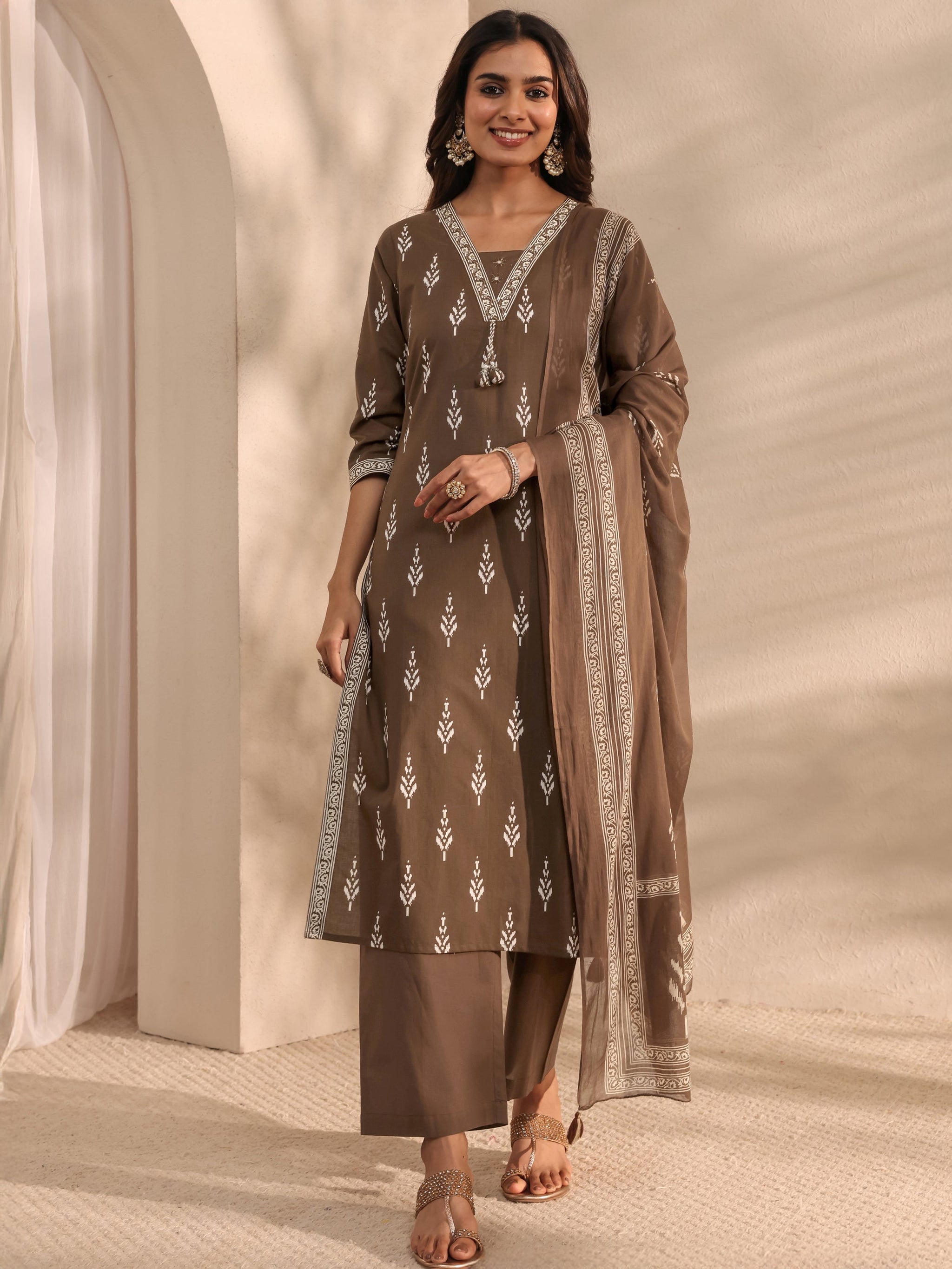 Libas Brown Printed Cotton Suit Set With Dupatta