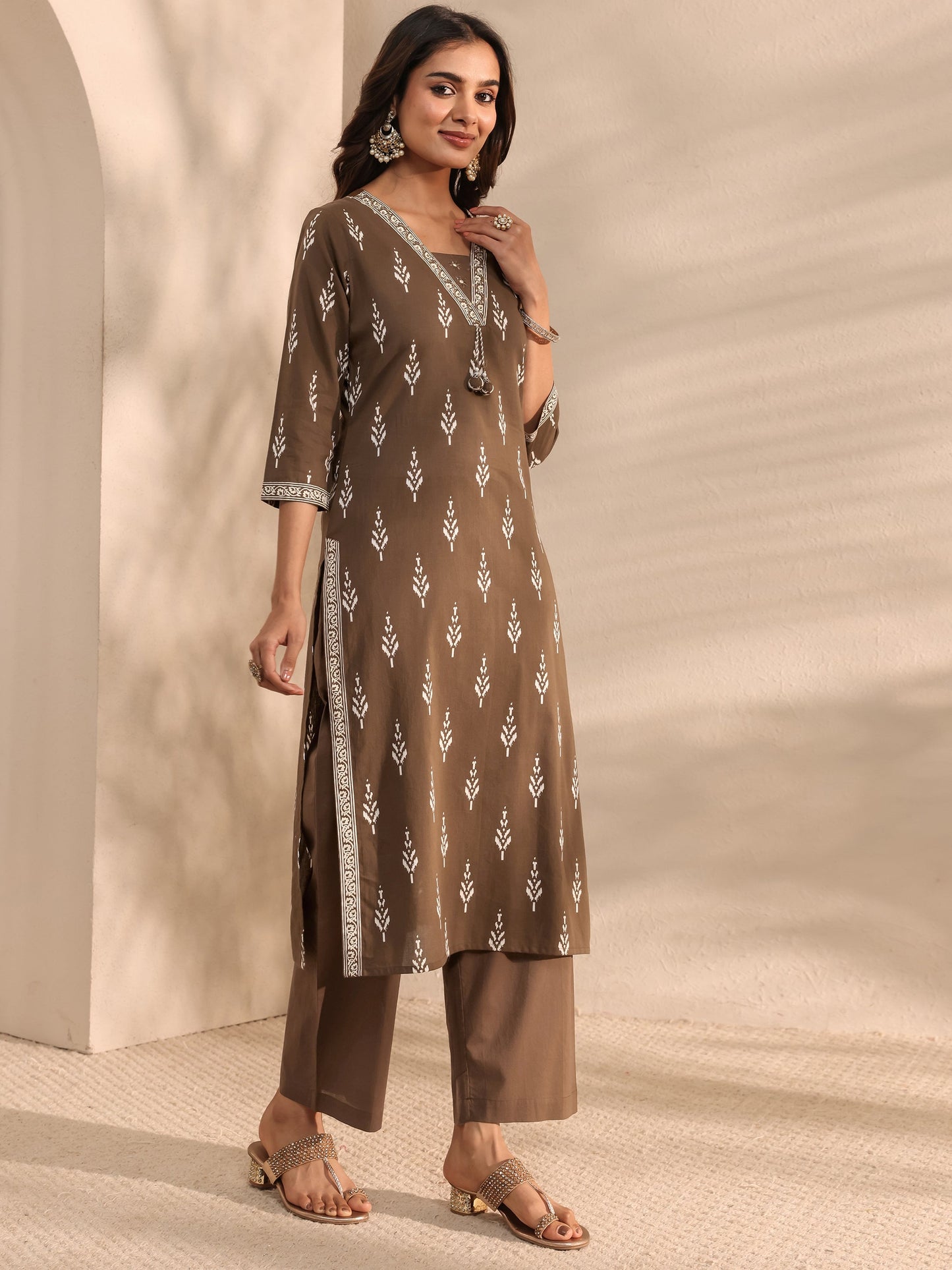 Libas Brown Printed Cotton Suit Set With Dupatta