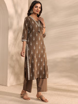 Libas Brown Printed Cotton Suit Set With Dupatta