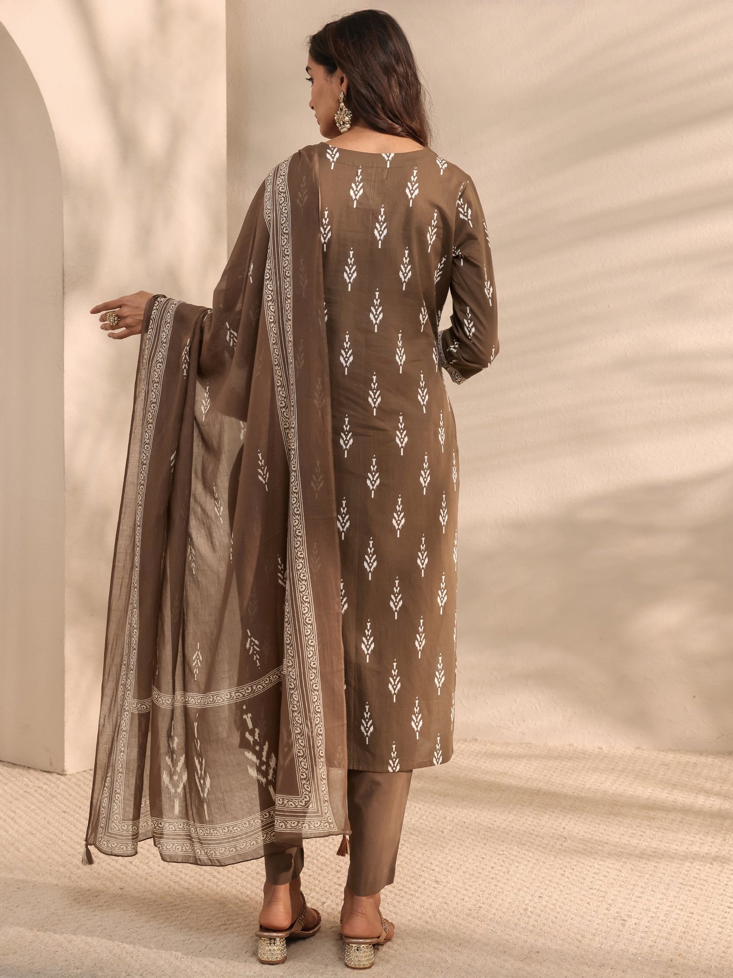 Libas Brown Printed Cotton Suit Set With Dupatta
