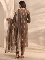 Libas Brown Printed Cotton Suit Set With Dupatta