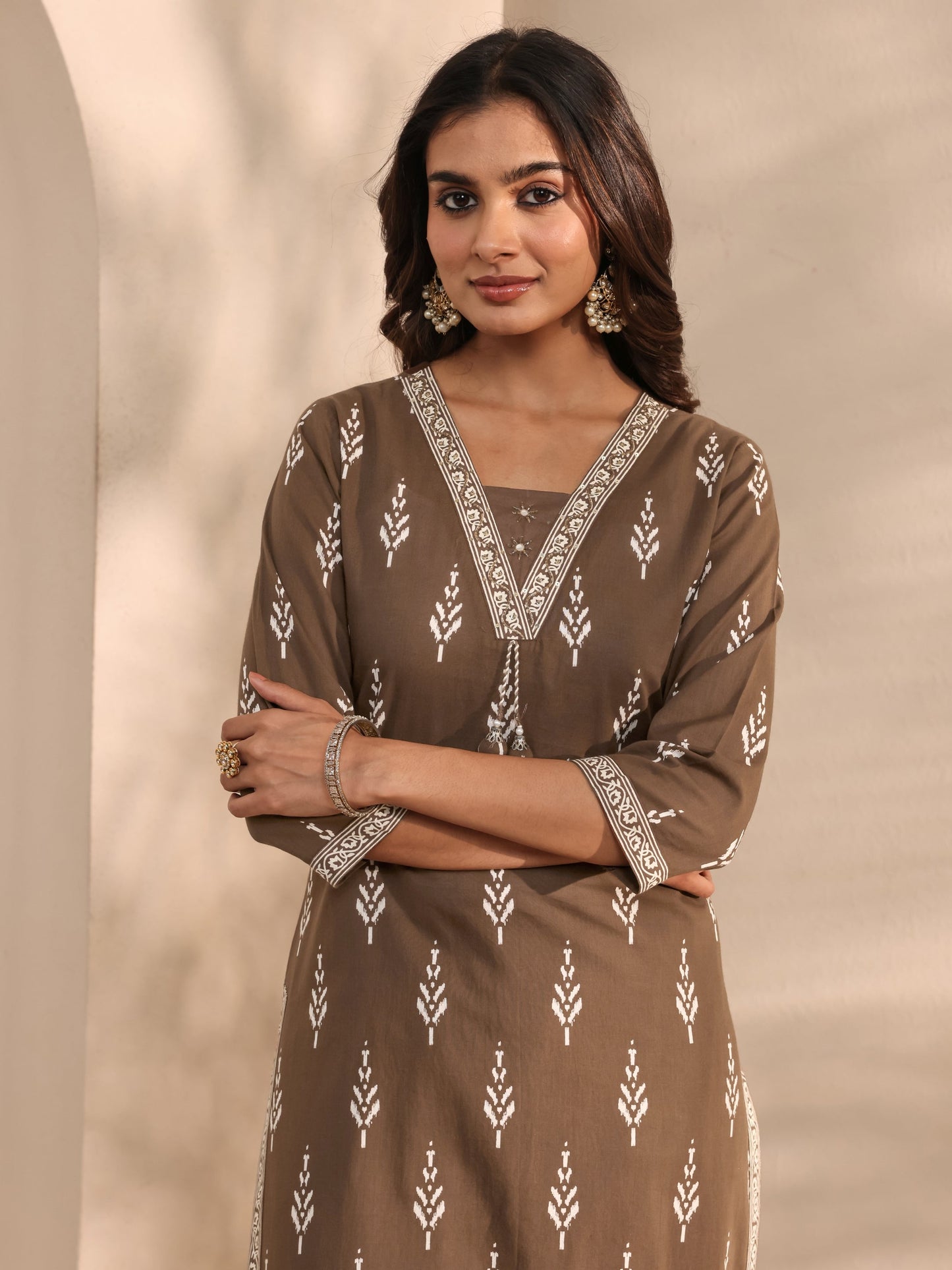 Libas Brown Printed Cotton Suit Set With Dupatta