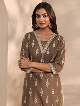 Libas Brown Printed Cotton Suit Set With Dupatta
