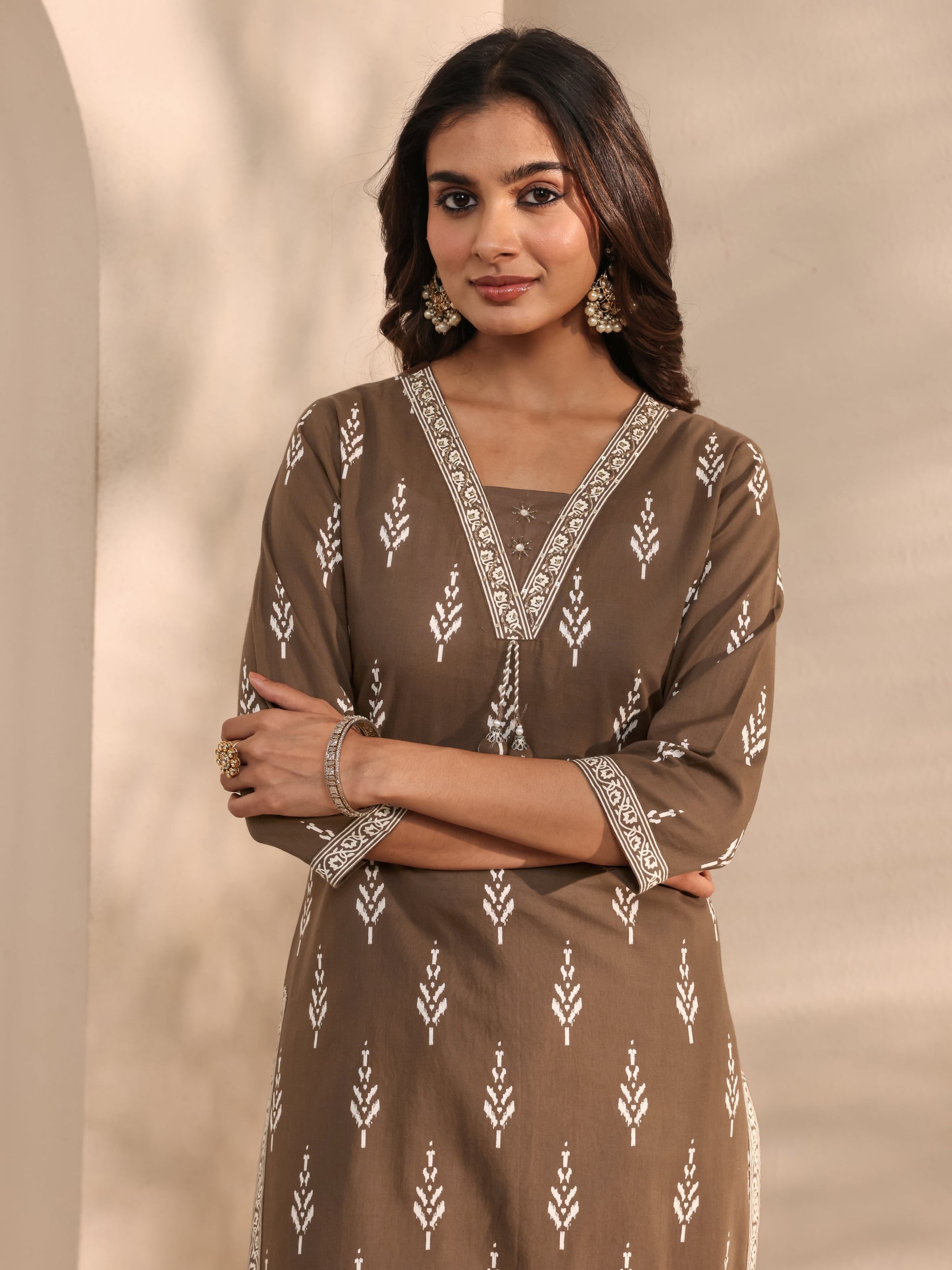 Libas Brown Printed Cotton Suit Set With Dupatta