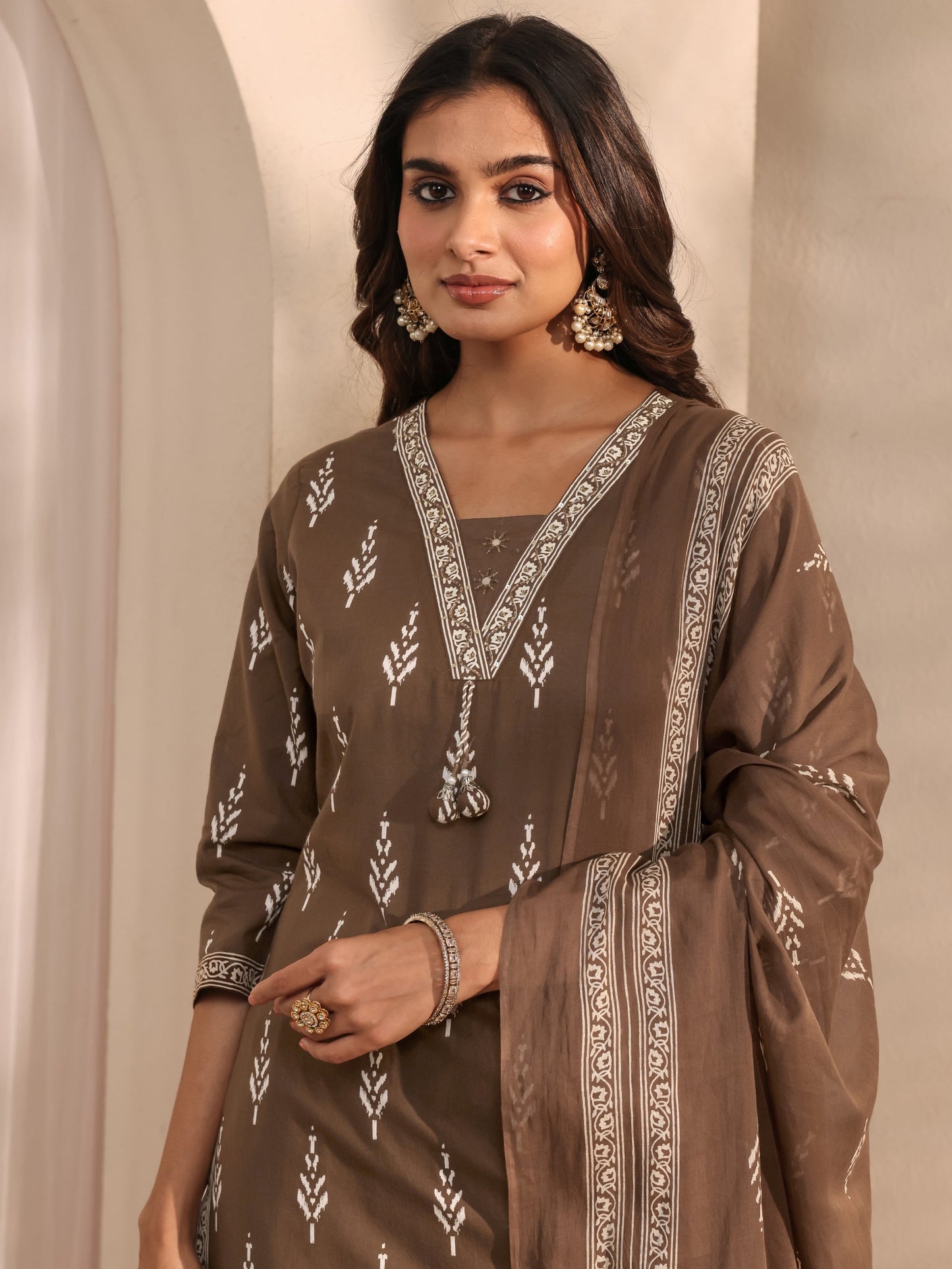 Libas Brown Printed Cotton Suit Set With Dupatta
