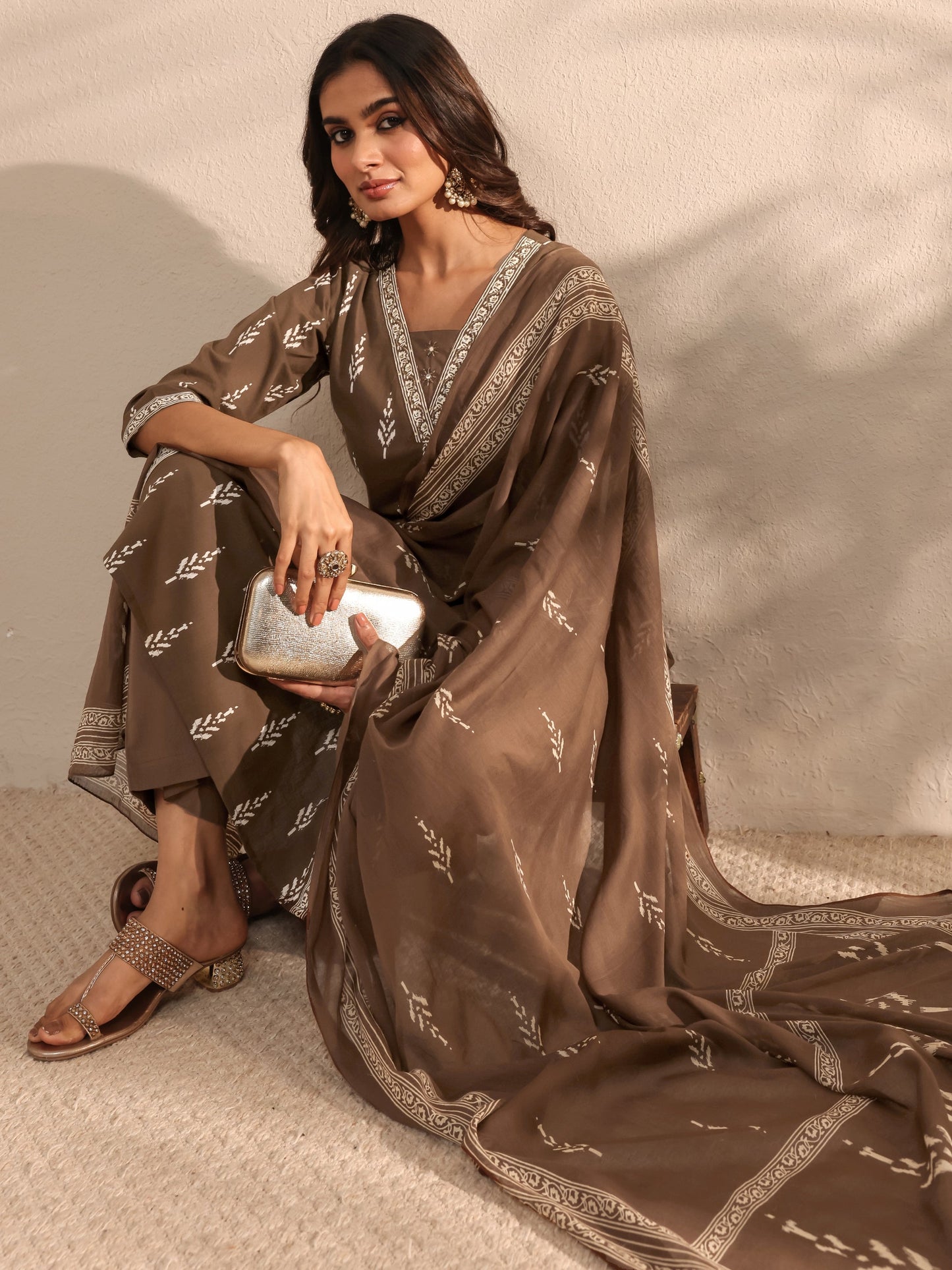 Libas Brown Printed Cotton Suit Set With Dupatta