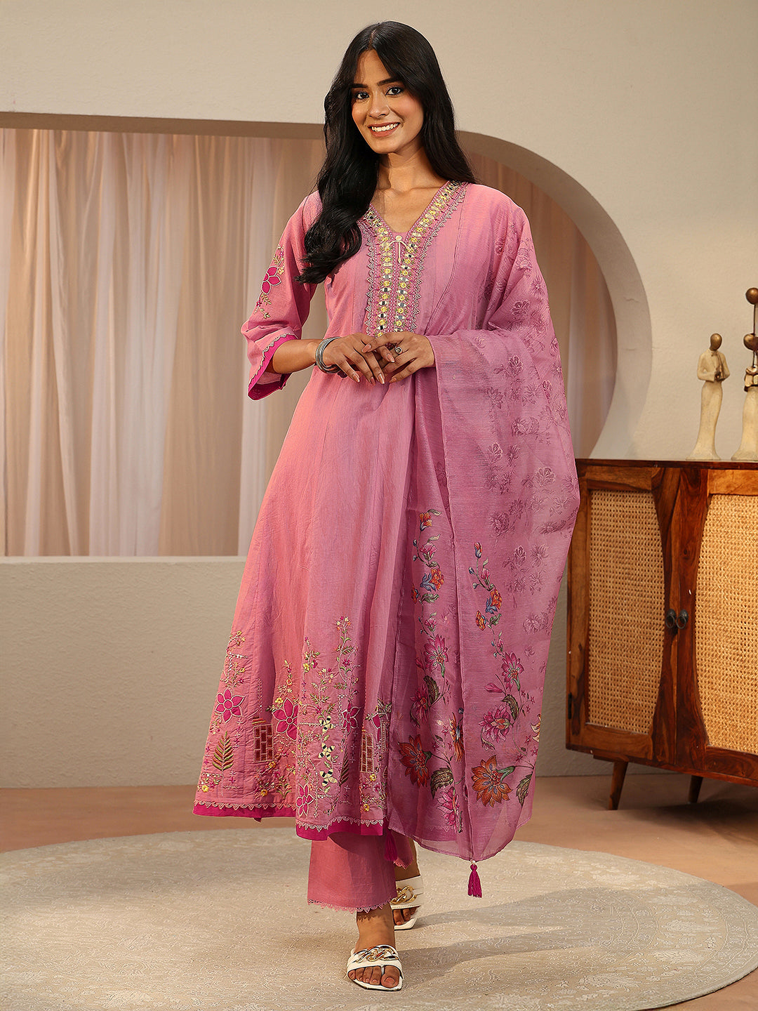 Mameraa Rose Pink Floral Embroidered Silk Blend A-line Suit Set