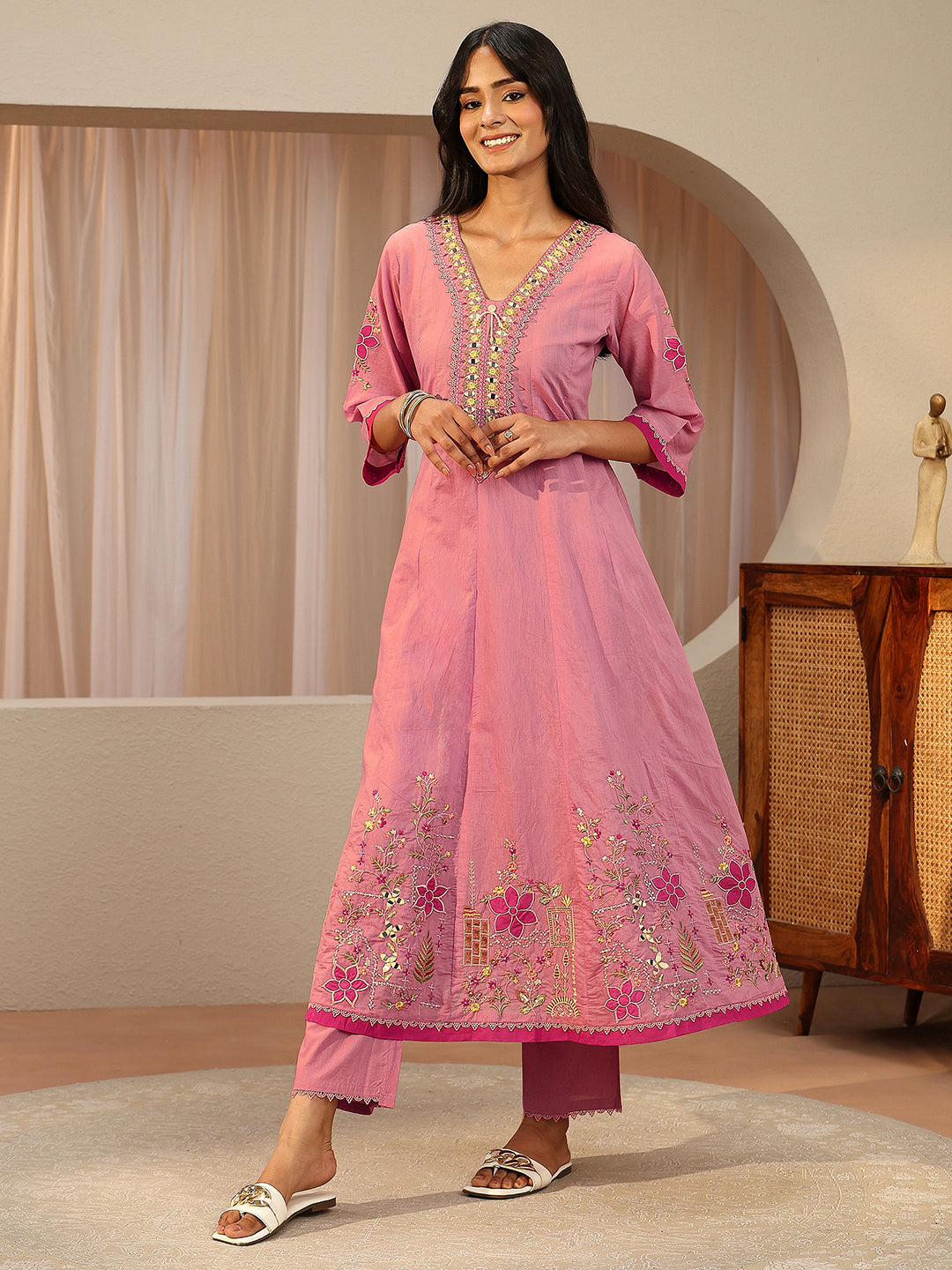 Mameraa Rose Pink Floral Embroidered Silk Blend A-line Suit Set