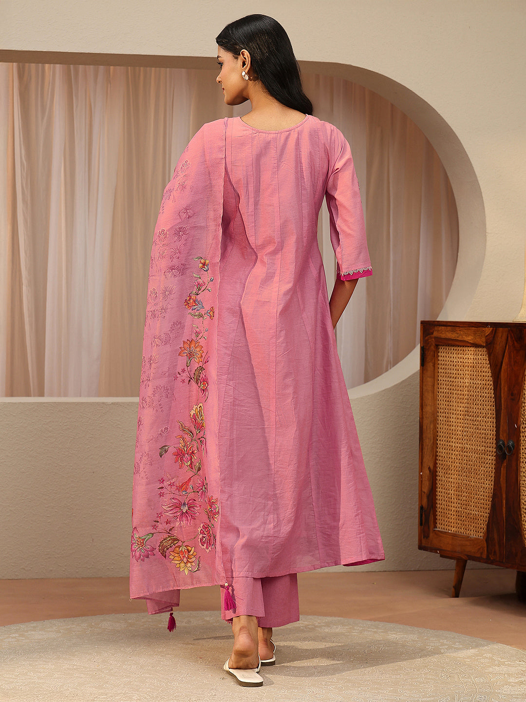 Mameraa Rose Pink Floral Embroidered Silk Blend A-line Suit Set