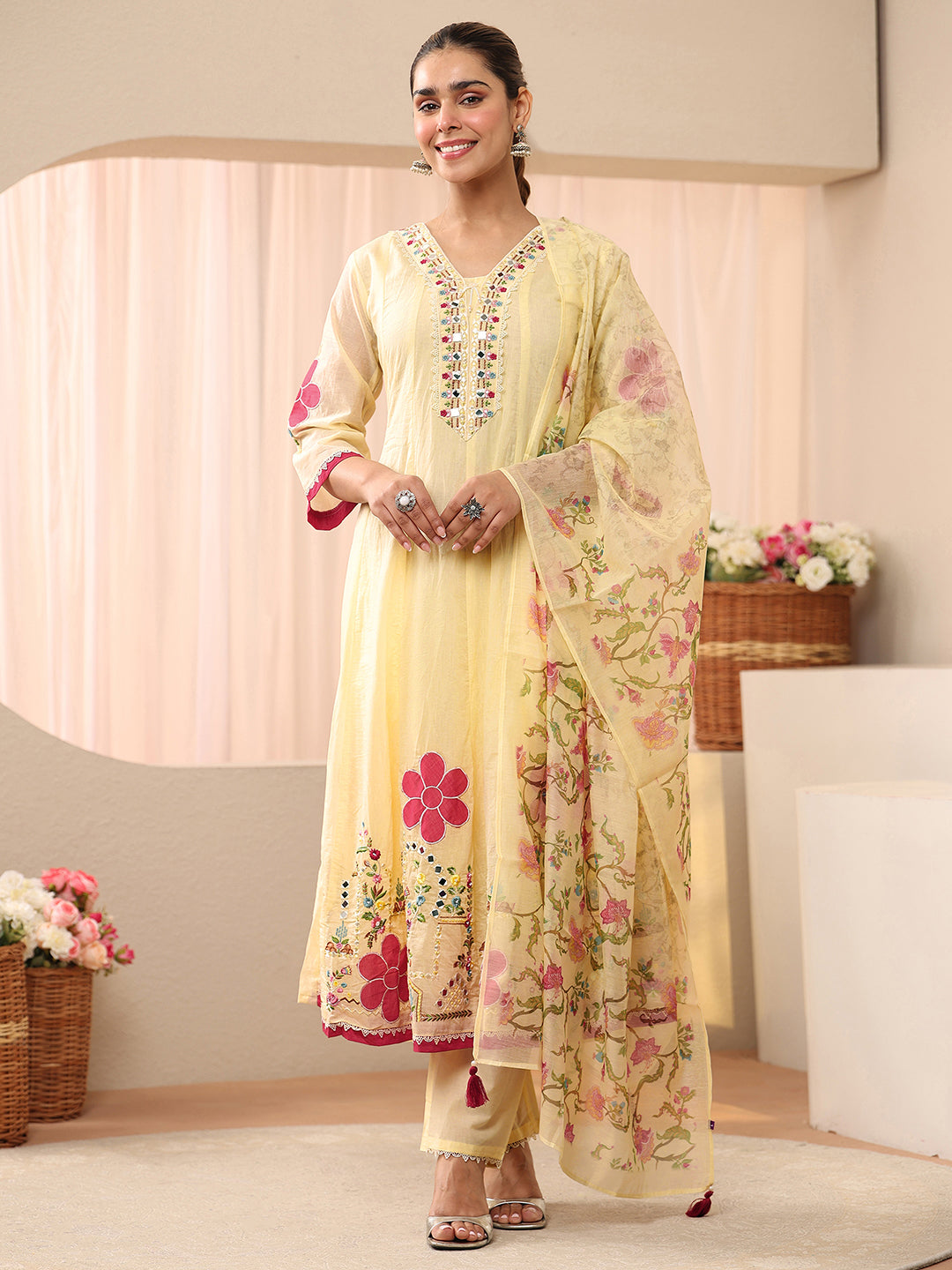 Mameraa Ivory Floral Embroidered Silk Blend A-line Suit Set