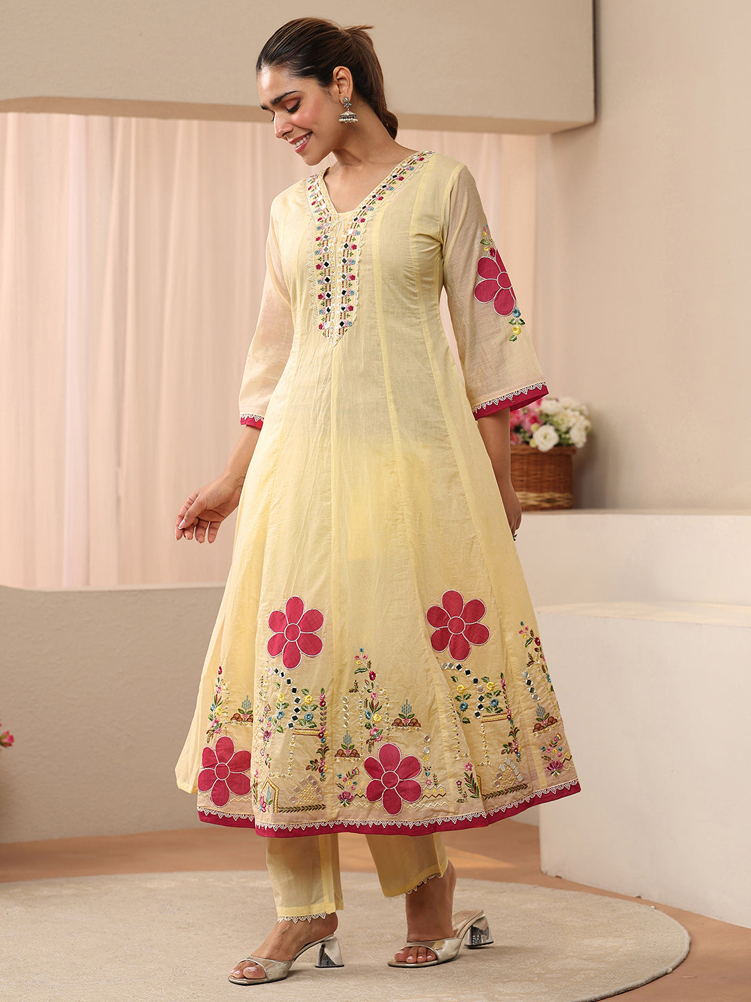Mameraa Ivory Floral Embroidered Silk Blend A-line Suit Set