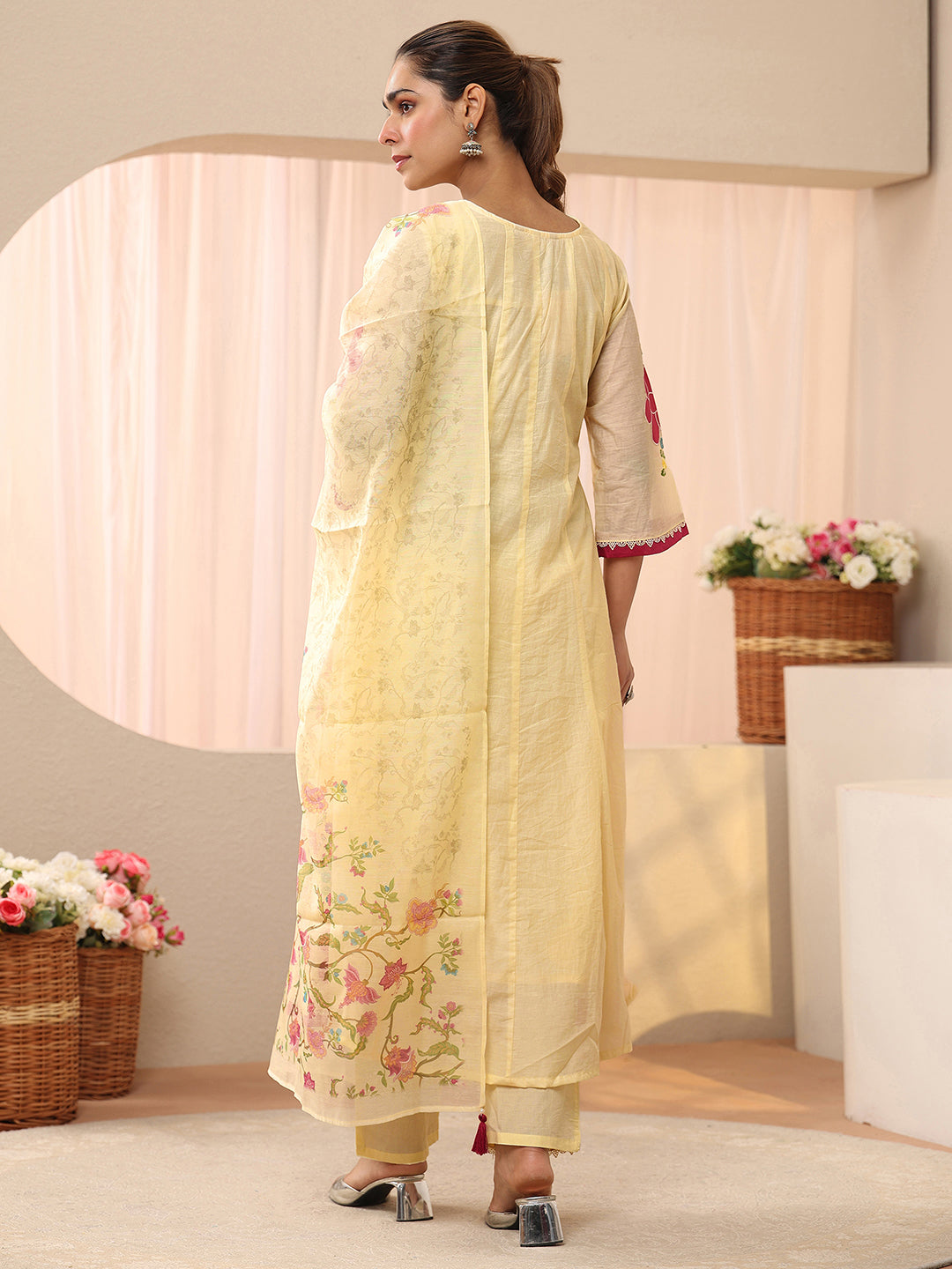 Mameraa Ivory Floral Embroidered Silk Blend A-line Suit Set