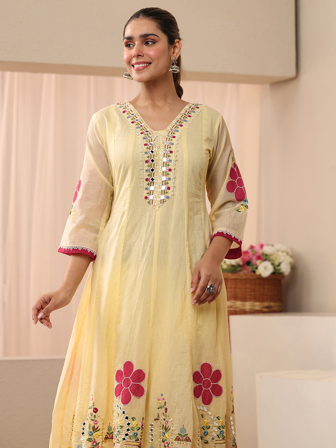 Mameraa Ivory Floral Embroidered Silk Blend A-line Suit Set