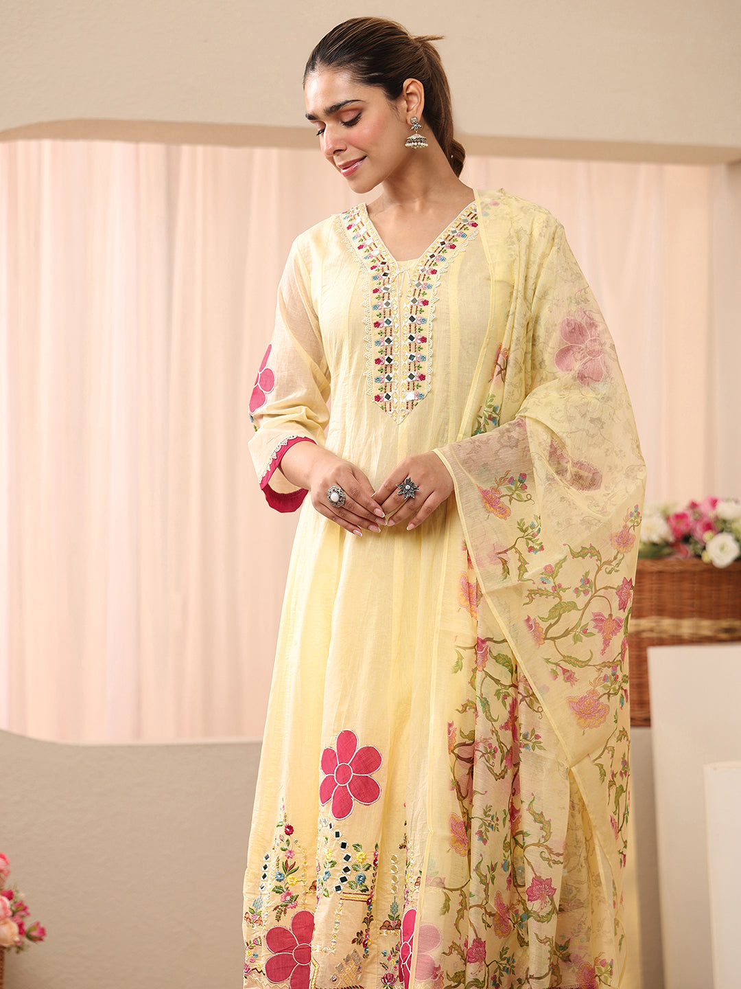 Mameraa Ivory Floral Embroidered Silk Blend A-line Suit Set