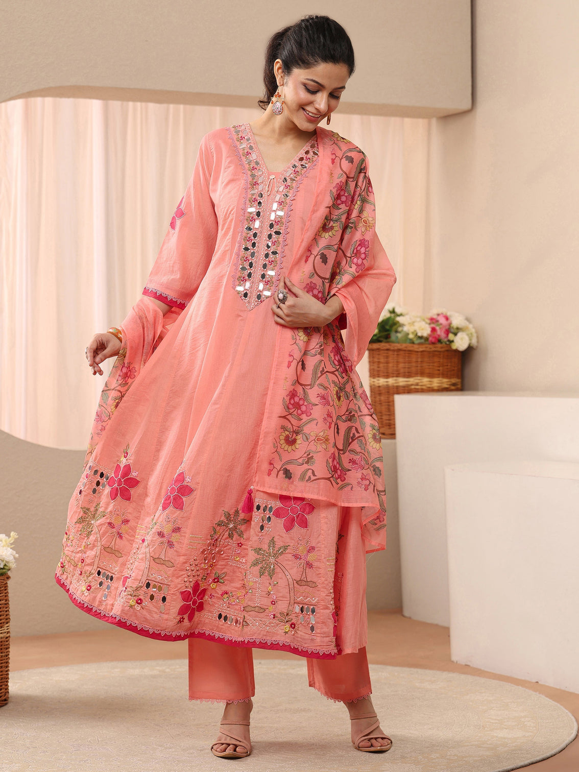 Mameraa Peach Floral Embroidered Silk Blend A-line Suit Set