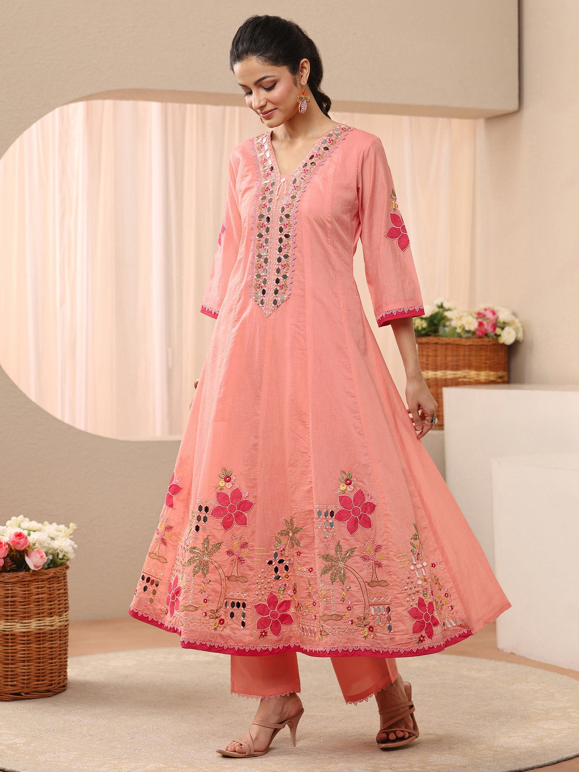 Mameraa Peach Floral Embroidered Silk Blend A-line Suit Set