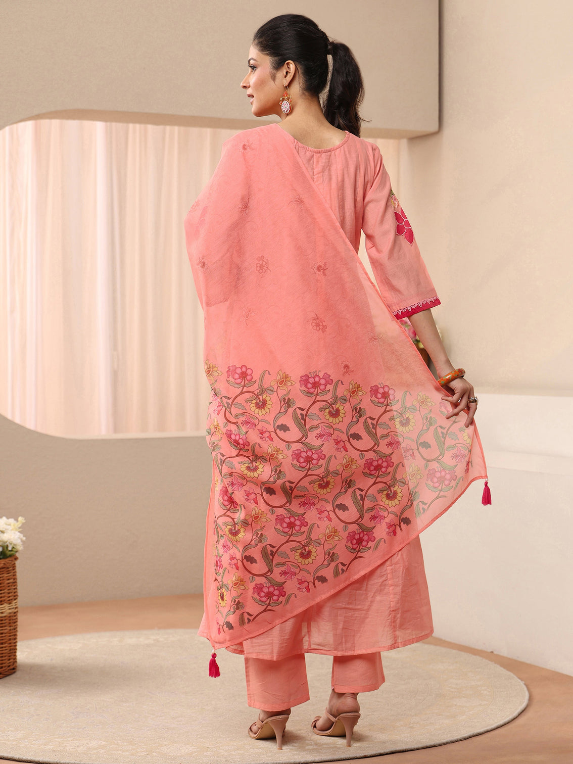 Mameraa Peach Floral Embroidered Silk Blend A-line Suit Set