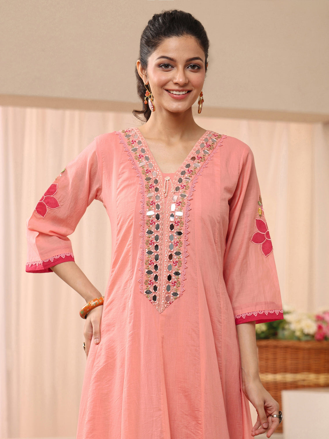 Mameraa Peach Floral Embroidered Silk Blend A-line Suit Set