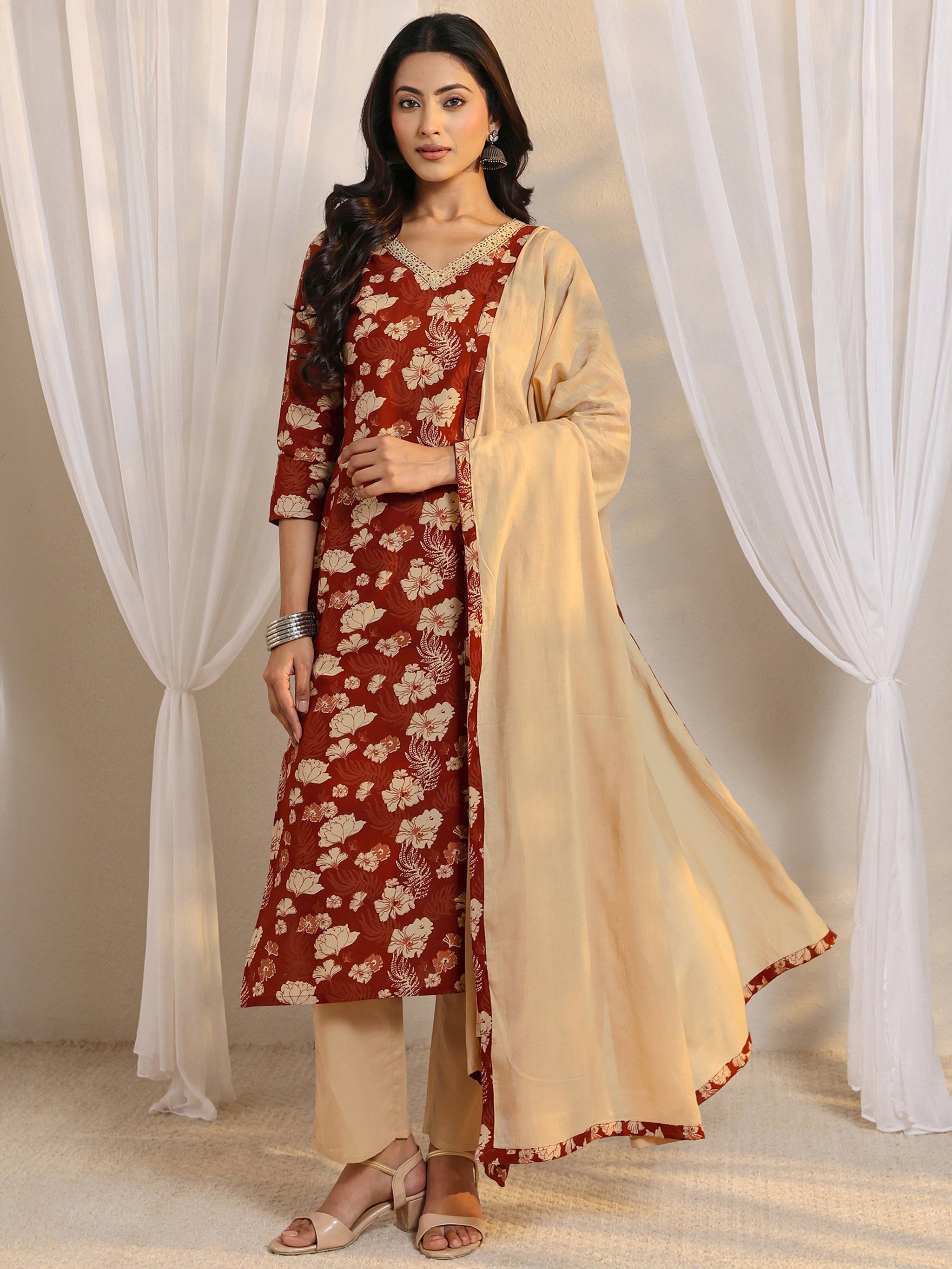 Libas Rust Floral Printed Cotton Straight Suit Set With Dupatta