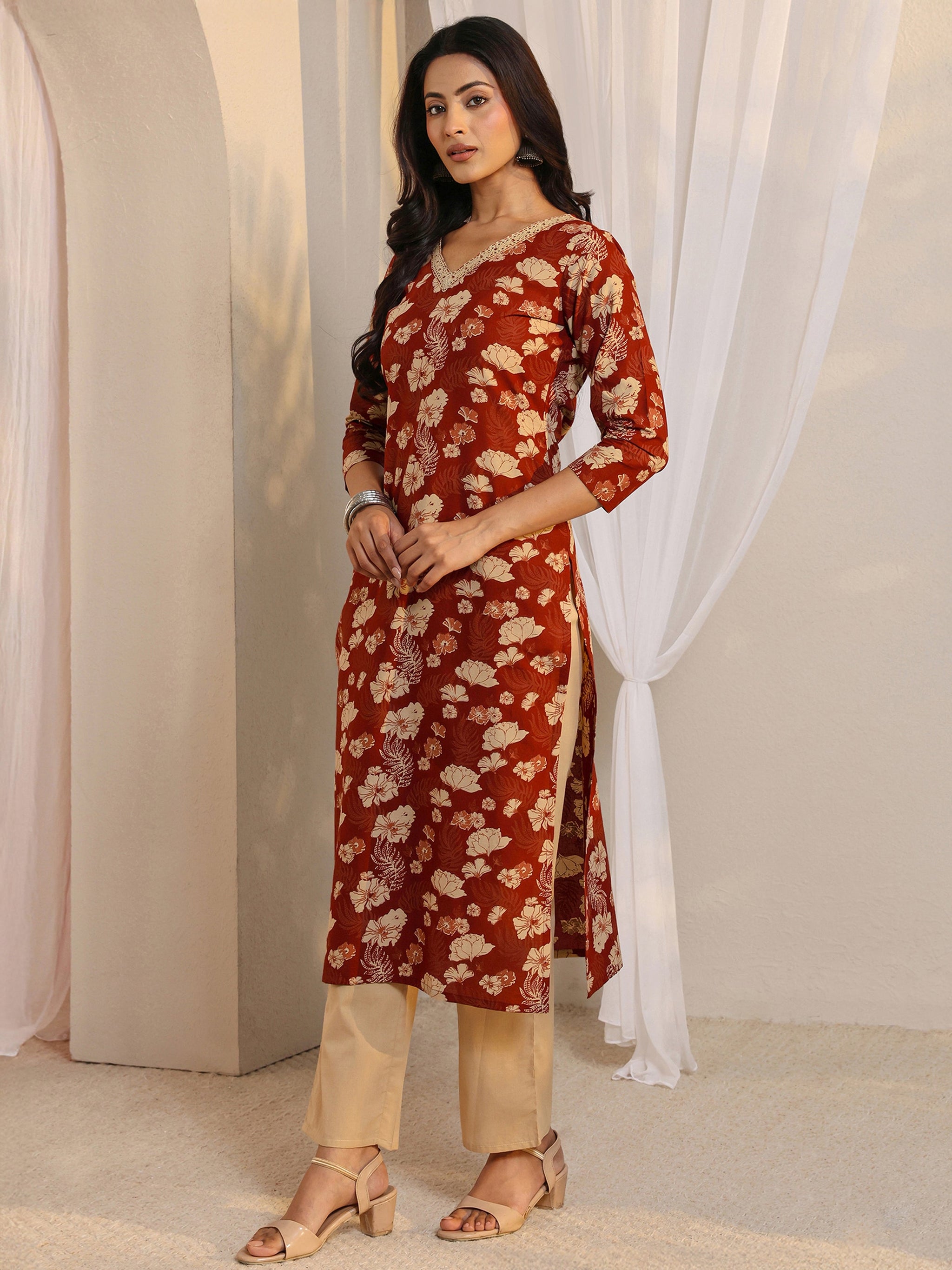 Libas Rust Floral Printed Cotton Straight Suit Set With Dupatta
