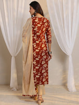 Libas Rust Floral Printed Cotton Straight Suit Set With Dupatta