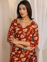 Libas Rust Floral Printed Cotton Straight Suit Set With Dupatta