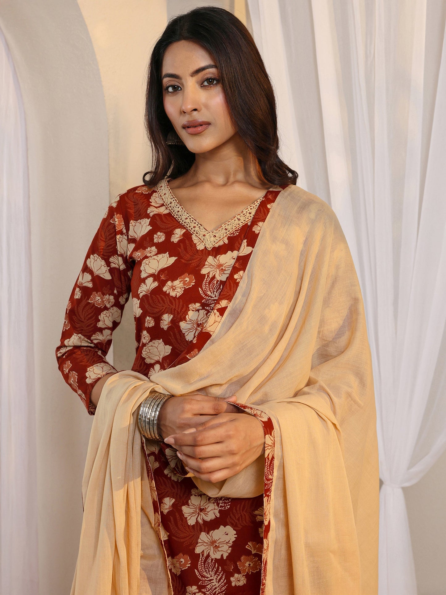 Libas Rust Floral Printed Cotton Straight Suit Set With Dupatta