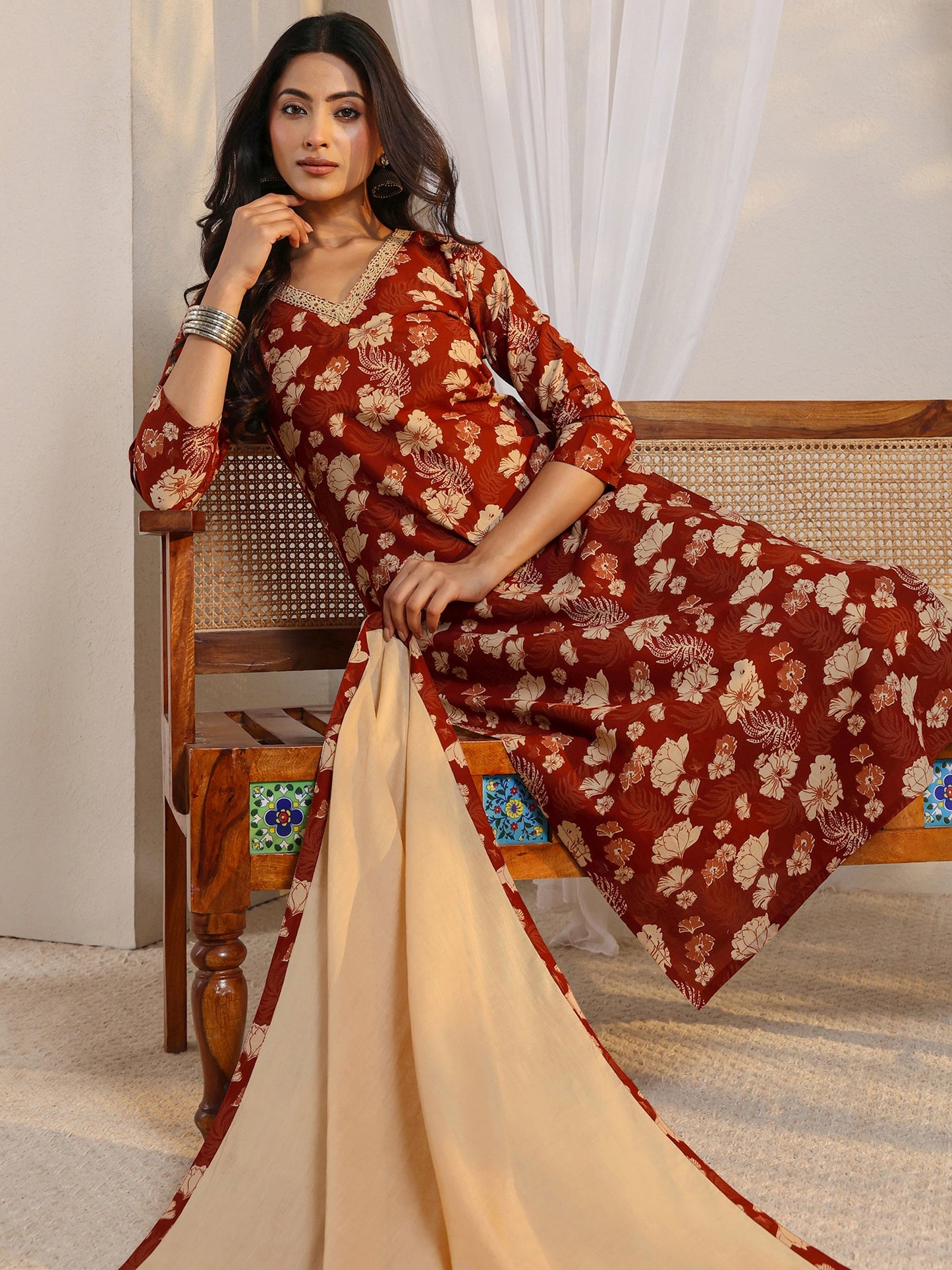 Libas Rust Floral Printed Cotton Straight Suit Set With Dupatta