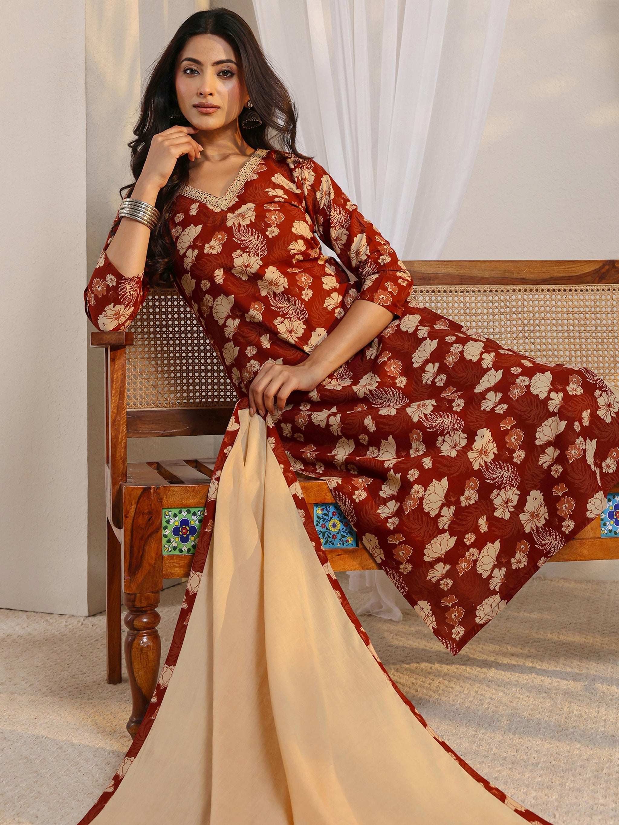 Libas Rust Floral Printed Cotton Straight Suit Set With Dupatta