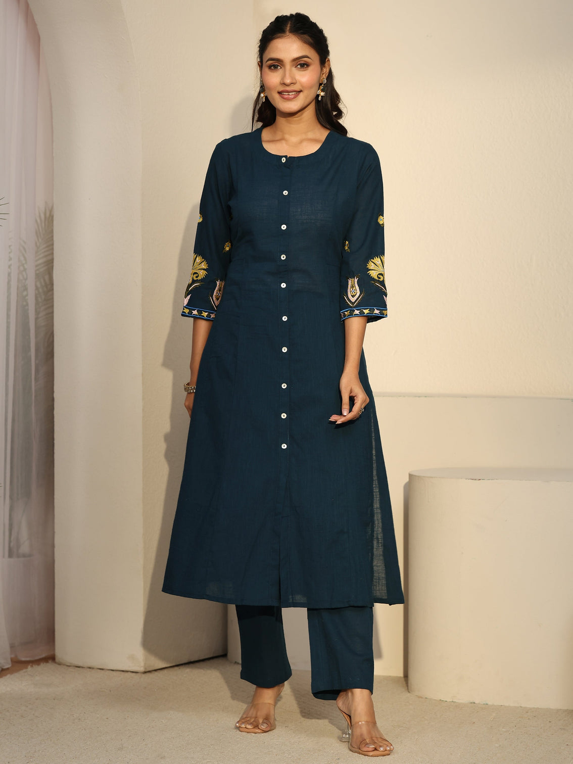 Mameraa Teal Blue Cotton A-line Kurta Set