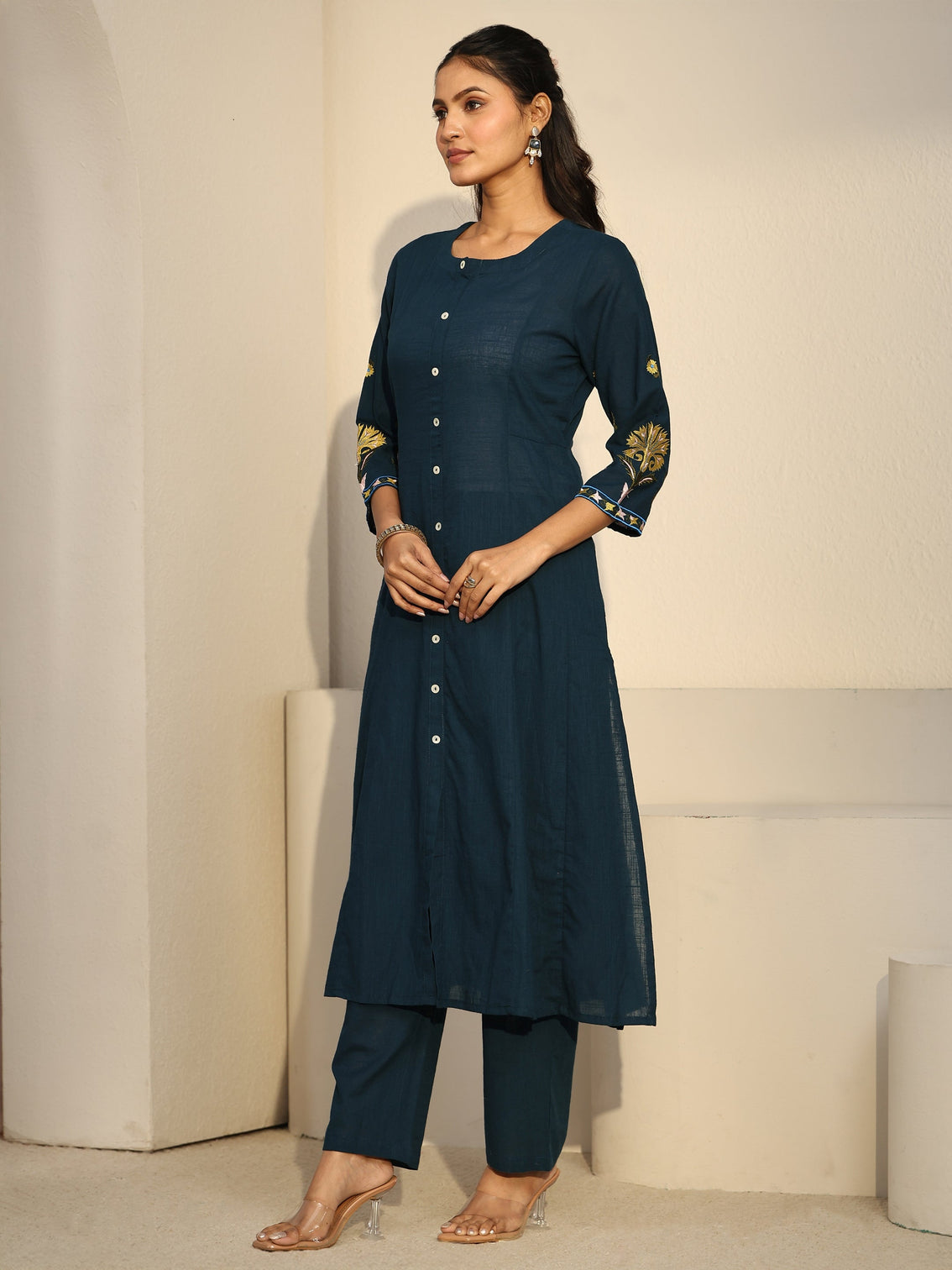 Mameraa Teal Blue Cotton A-line Kurta Set