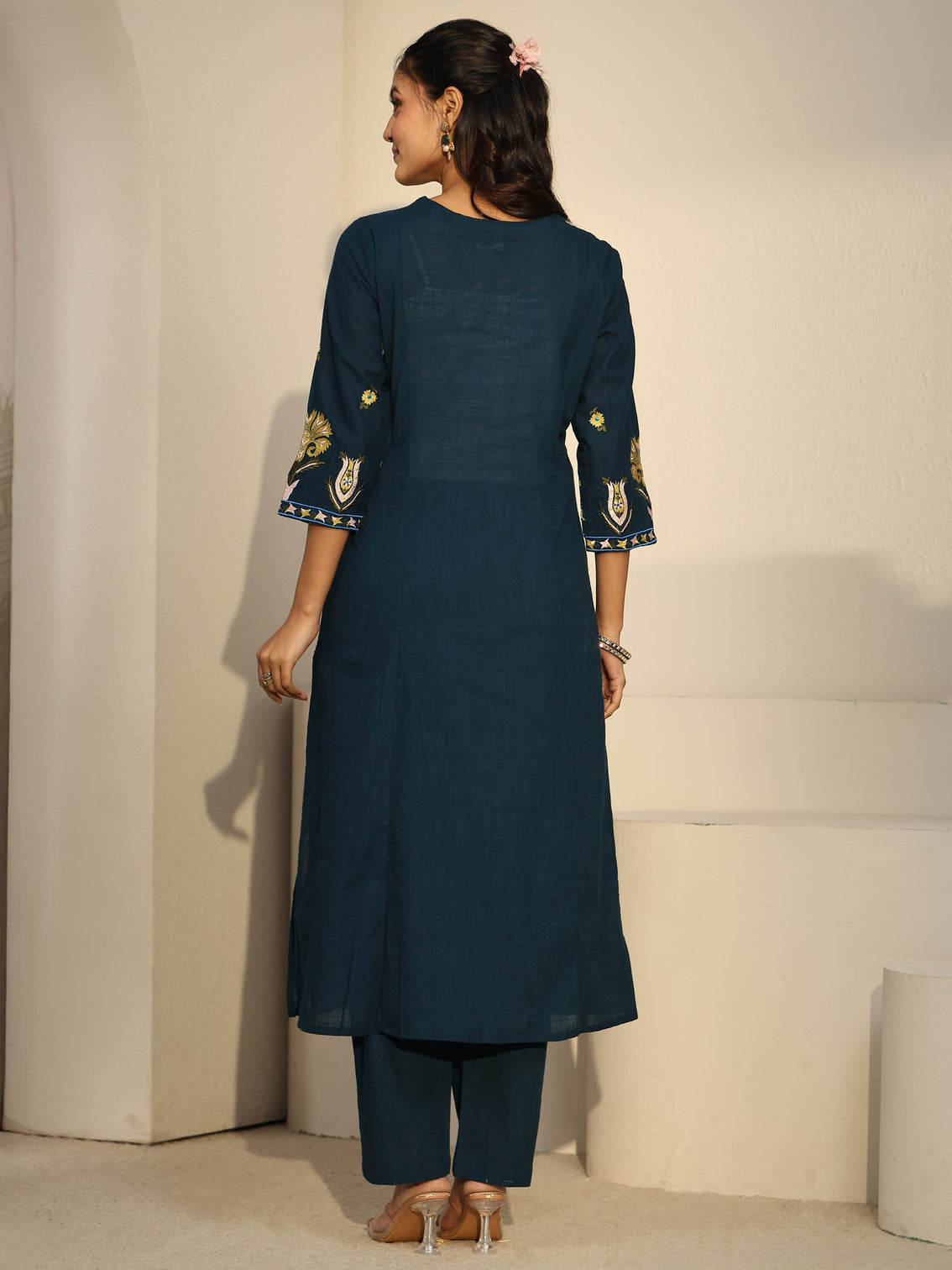 Mameraa Teal Blue Cotton A-line Kurta Set