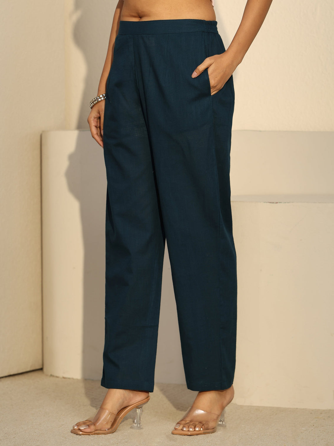 Mameraa Teal Blue Cotton A-line Kurta Set