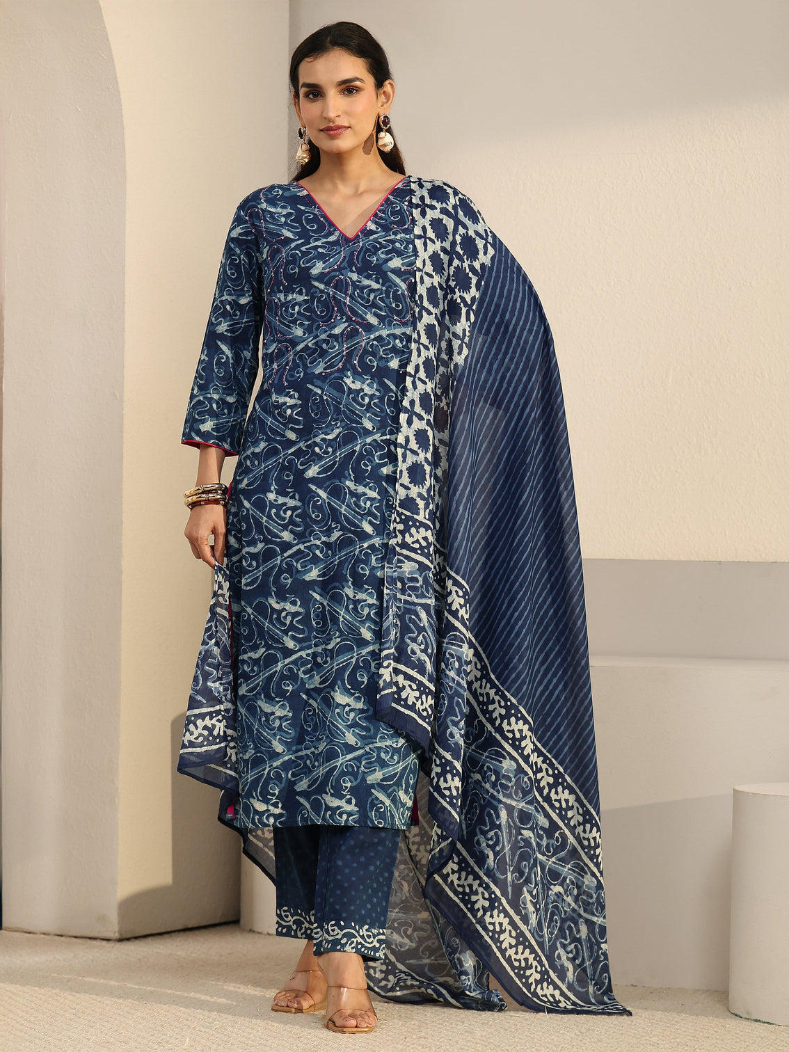 Mameraa Blue Abstract Printed Cotton Straight Suit Set