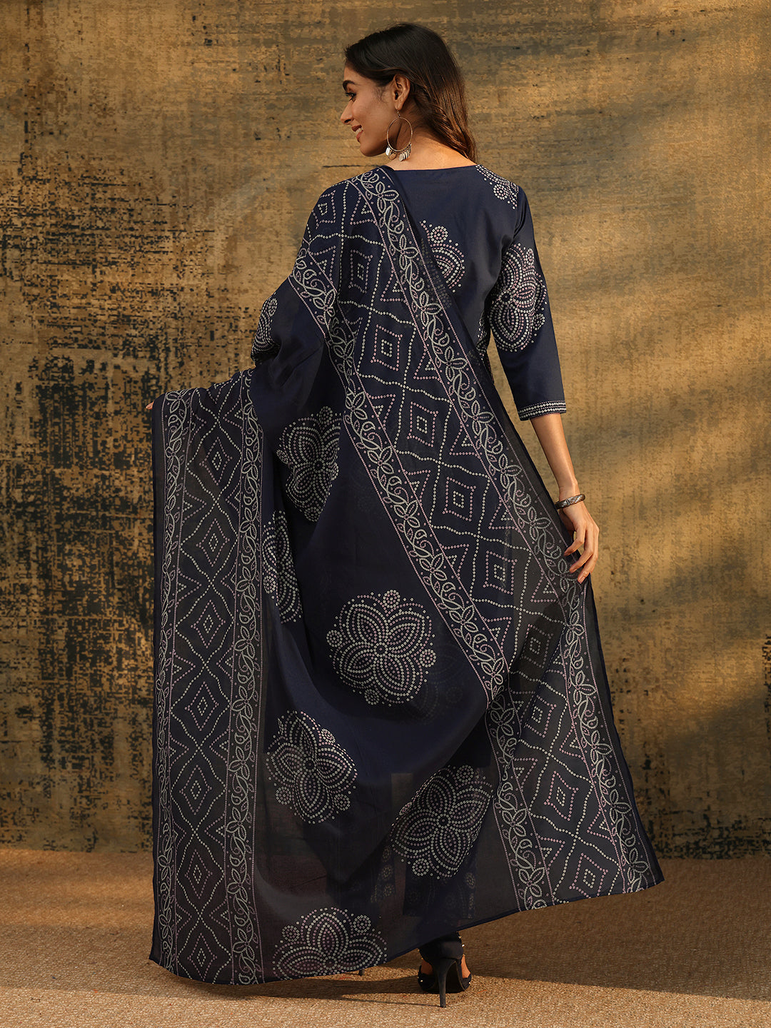 Mameraa Indigo Blue Bandhani Printed Cotton Straight Suit Set