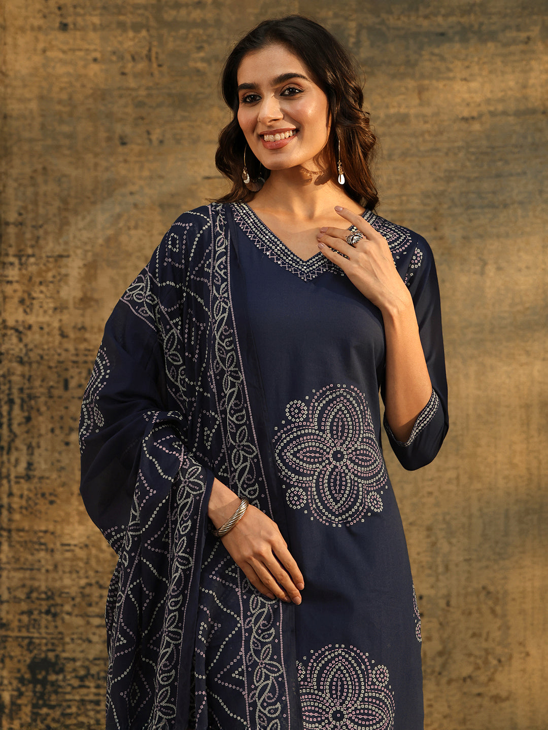 Mameraa Indigo Blue Bandhani Printed Cotton Straight Suit Set