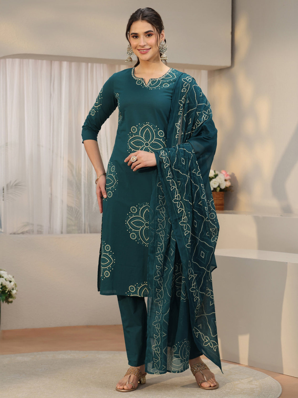 Mameraa Teal Green Bandhani Printed Cotton Straight Suit Set