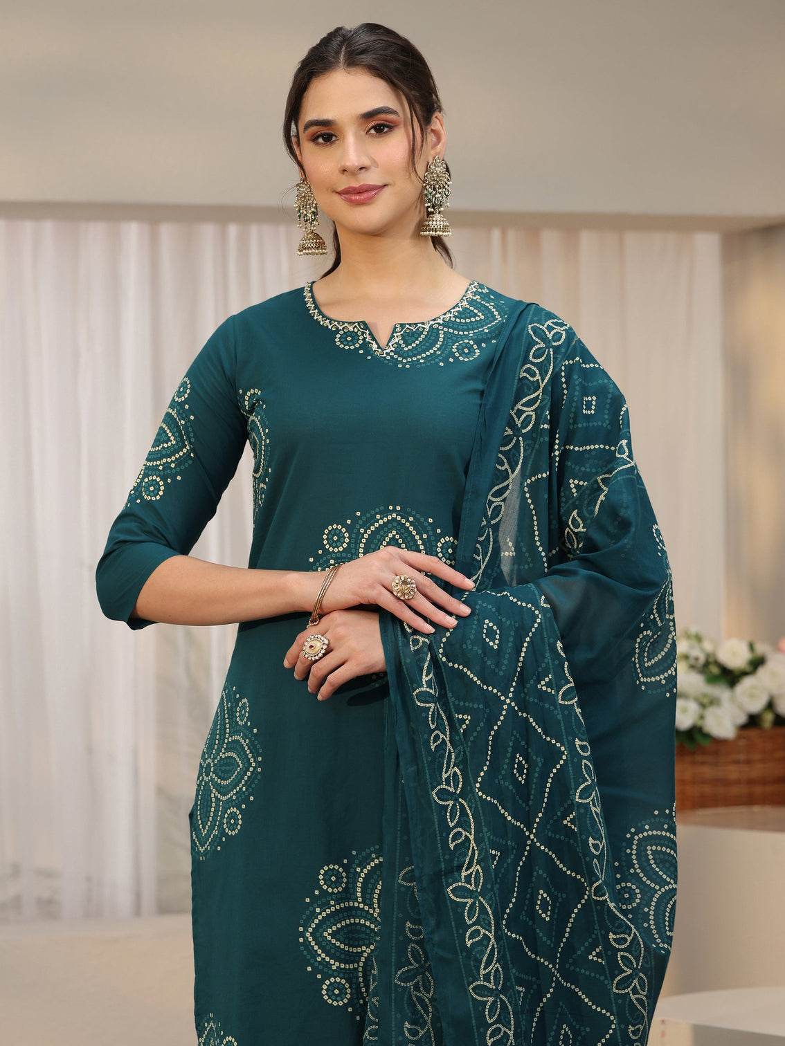 Mameraa Teal Green Bandhani Printed Cotton Straight Suit Set