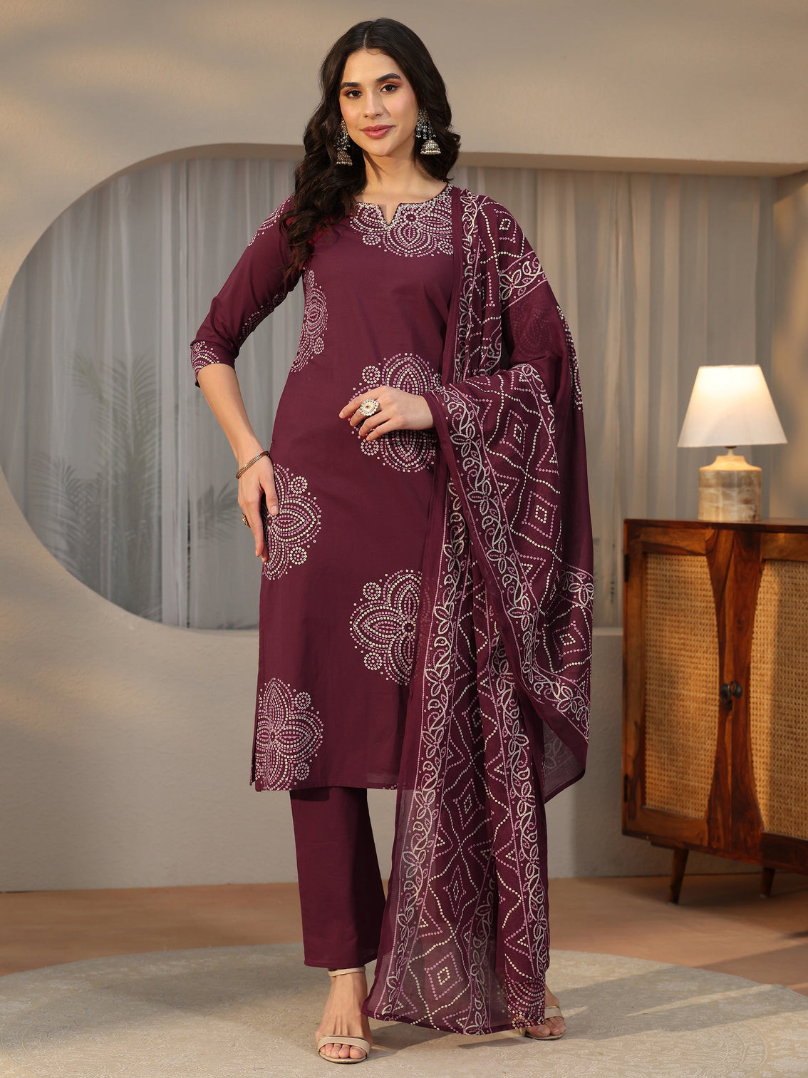 Mameraa Burgundy Bandhani Printed Cotton Straight Suit Set