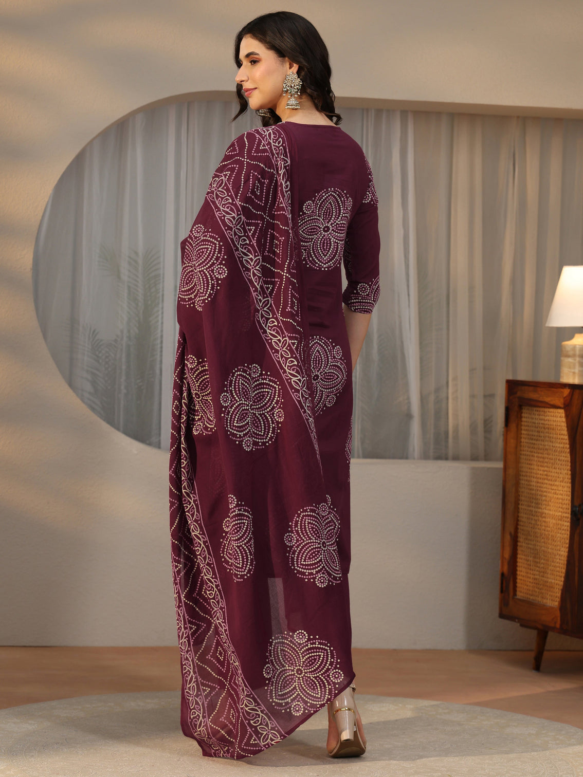 Mameraa Burgundy Bandhani Printed Cotton Straight Suit Set