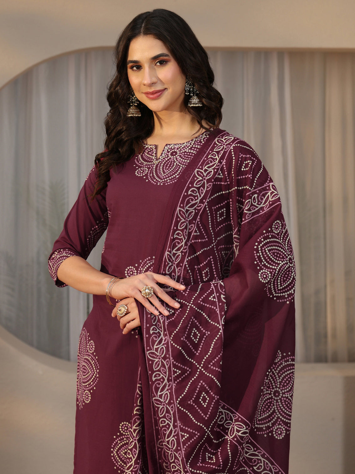 Mameraa Burgundy Bandhani Printed Cotton Straight Suit Set