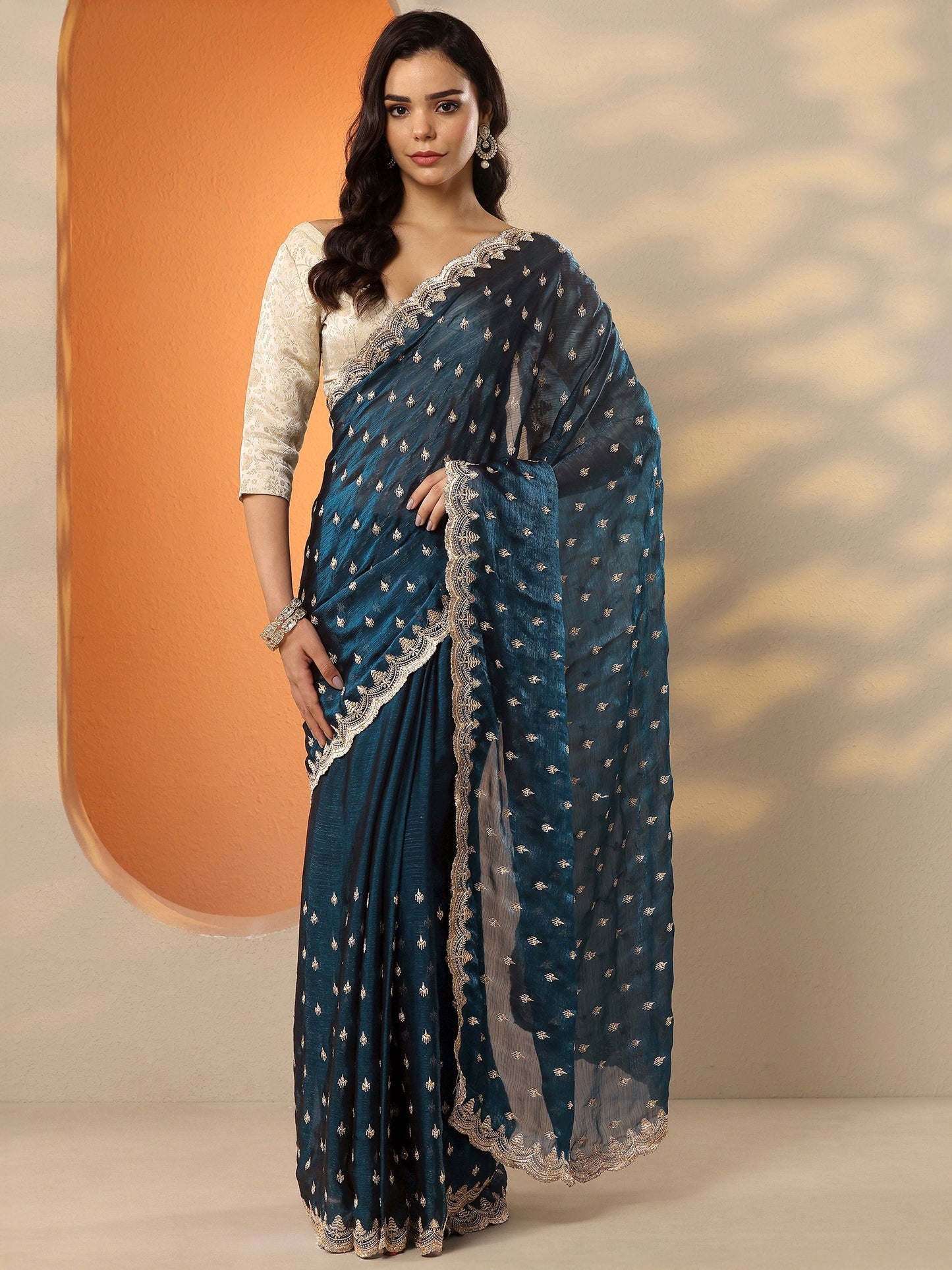 Libas Teal Embroidered Organza Saree With Unstitched Blouse Piece