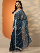 Libas Teal Embroidered Organza Saree With Unstitched Blouse Piece